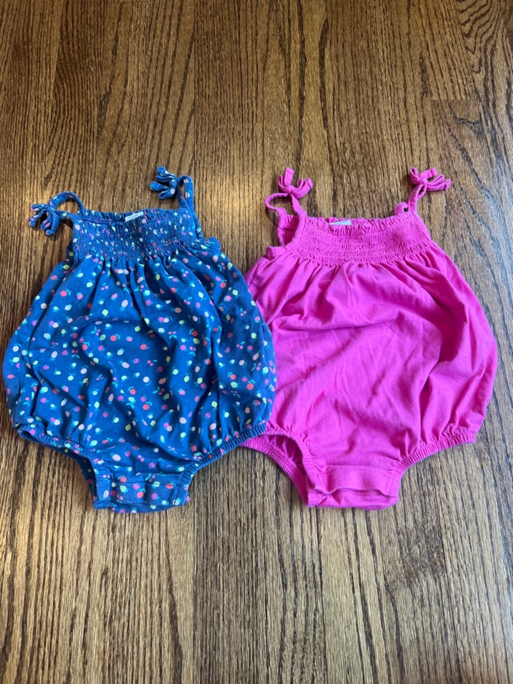 GAP Baby Girl Tie-Shoulder Rompers - Blue Polka Dot & Hot Pink 6-12m